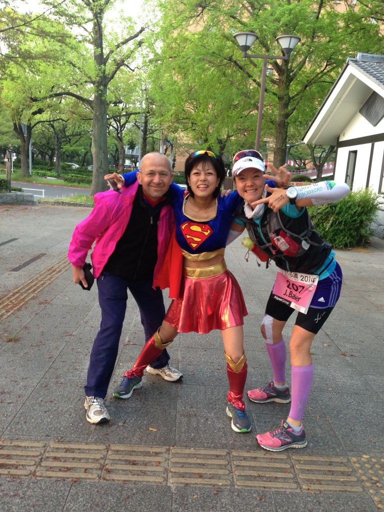 By the end of the weekend, all of these people would be superheroes, even if only one was wearing a cape. (L to R Super Thierry, Superwoman who is symbolic of all the fantastic volunteers and crew at Sakura Michi, and Jess Baker who is still aka The Terminator)